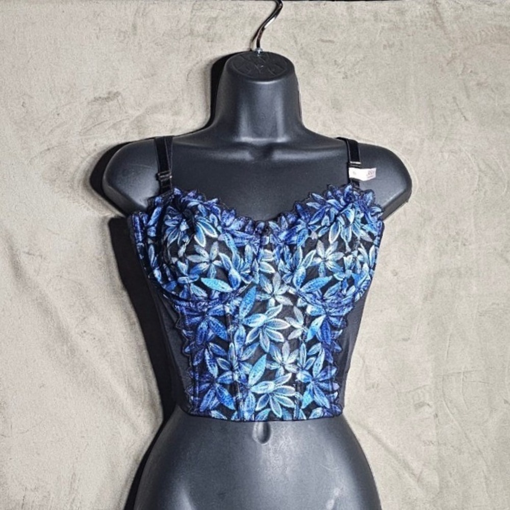 Victoria's Secret Very Sexy Blue Floral Embroidered Longline Bra Corset Top 38D